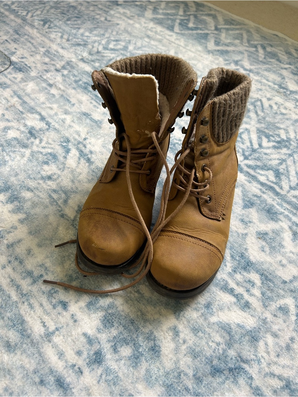 Call It Spring Tan Lace-Up Ankle Boots with Knit Cuff